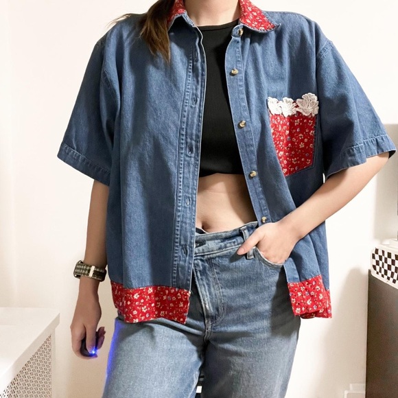 Vintage PTNY Denim Chambray and Calico Short Sleeve Button Up Blouse - Picture 2 of 4